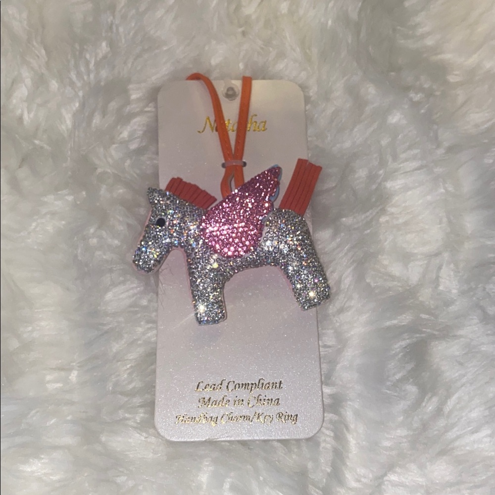 Sparkling Silver Unicorn Bag Charm Keychain with Pink Wings Reversible
